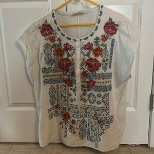 Savanna Jane White Embroidered Floral Front-Button Blouse